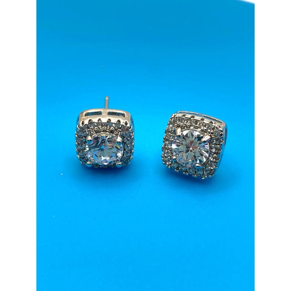 Clear Square Halo Stud Earrings Made with SWAROVSKI Elements Silver Overlay